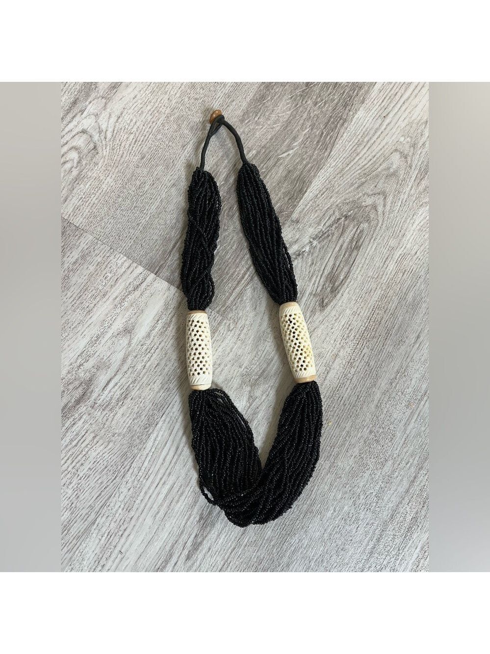 Vintage Black multi strand beaded necklace with carved beads